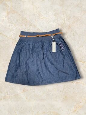 FOREVER 21 NWT Blue Denim A-Line Skirt w/ Elastic Waist + Tan Belt Size SMALL